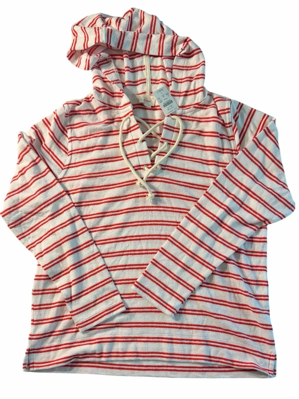 NWT J. Crew | Towel Terry Lace Up Red Stripe White Cotton Coastal Hoodie Large